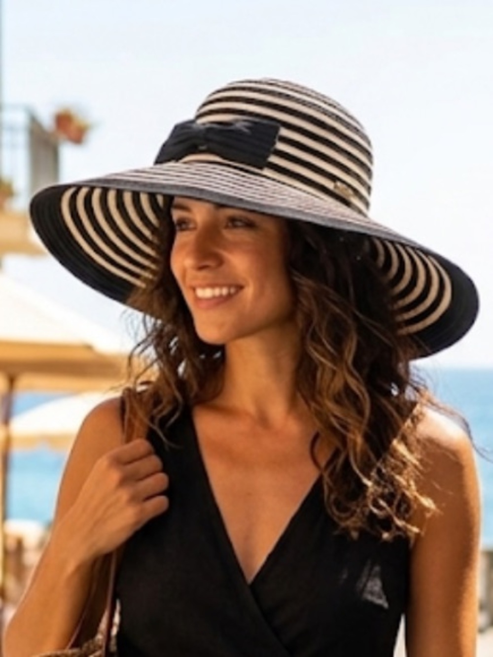 Sun n Sand Black Cream Fabric Striped Sun Hat Wide Brim Flexible Style Sun Hat